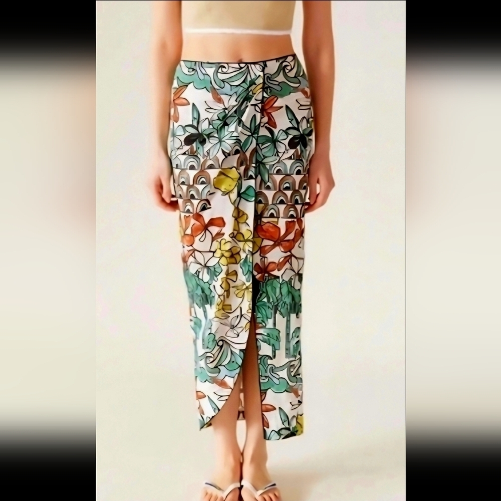 PIA Lara-Floral Printed Ankle Length Wrap Skirt-big Tropic Green Flower.Size SM